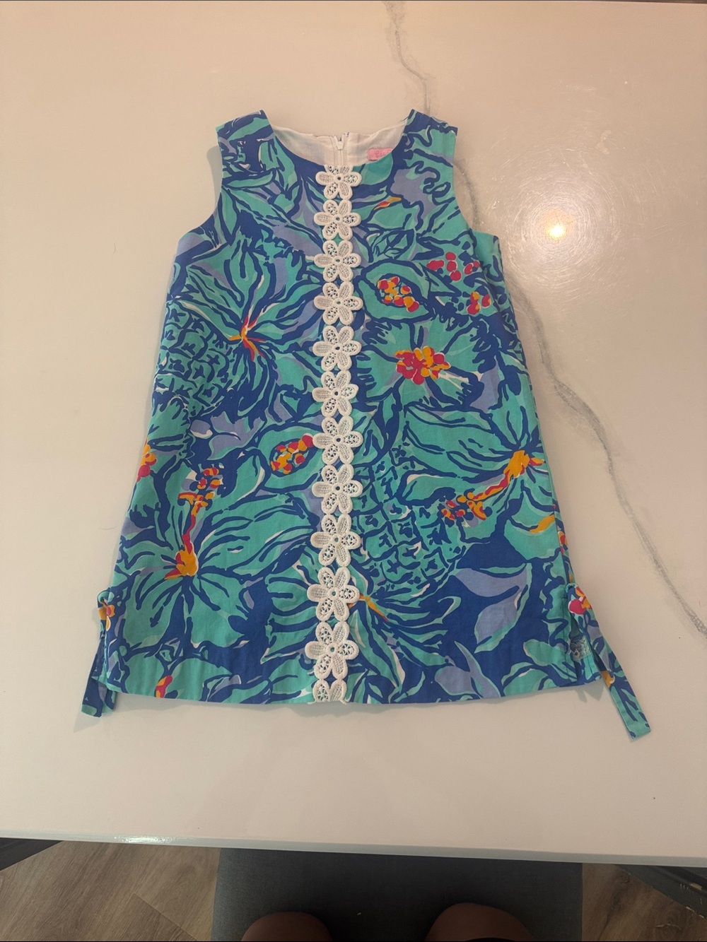 Lilly Pulitzer Aqua & Navy Floral Sleeveless Dress with White Lace Trim